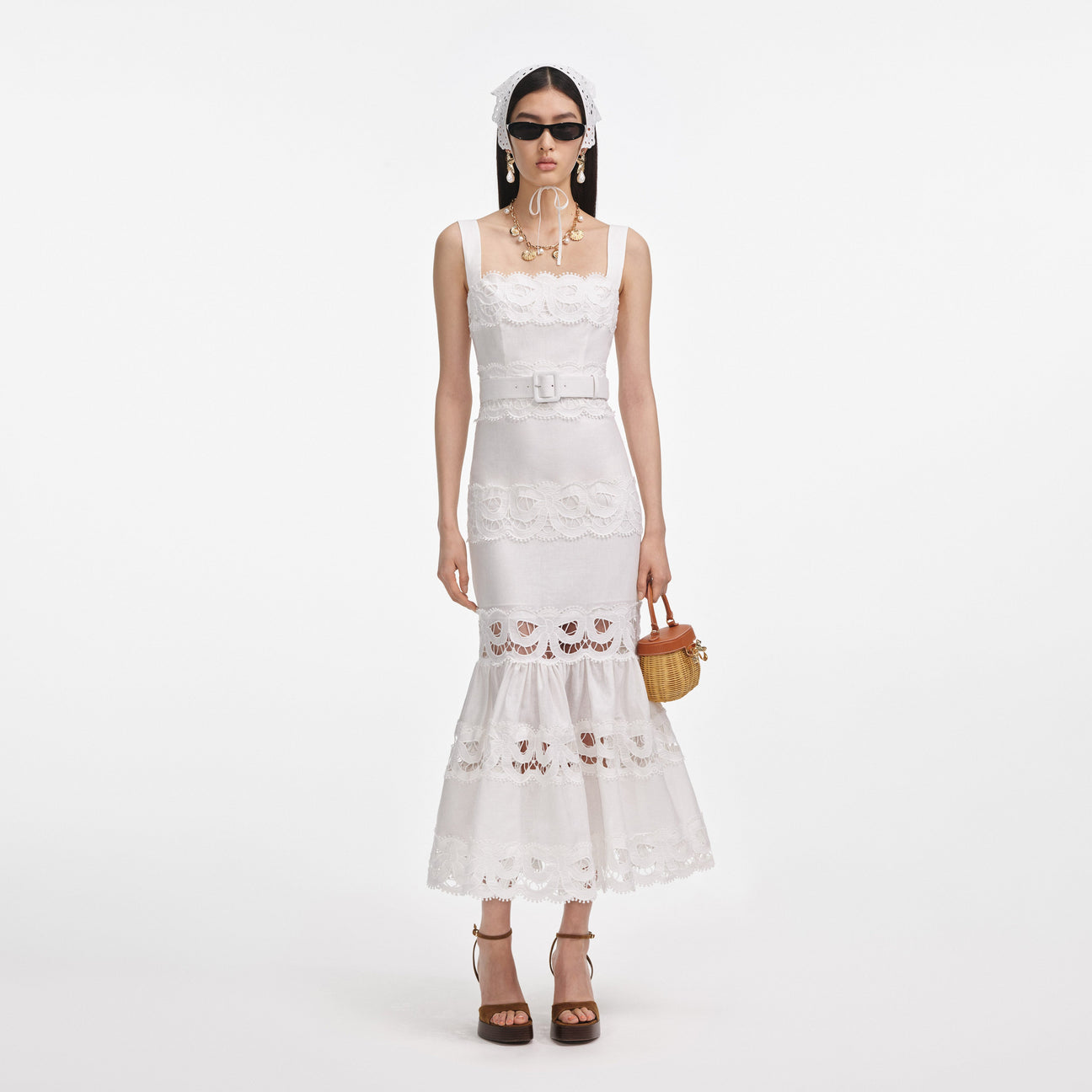 Capri Lace-Insert Belted Midi Dress