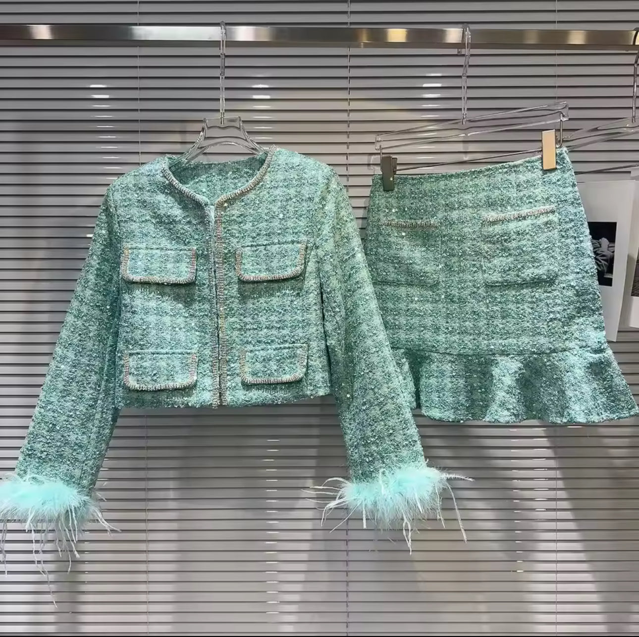 Feroza feather sleeved tweed set