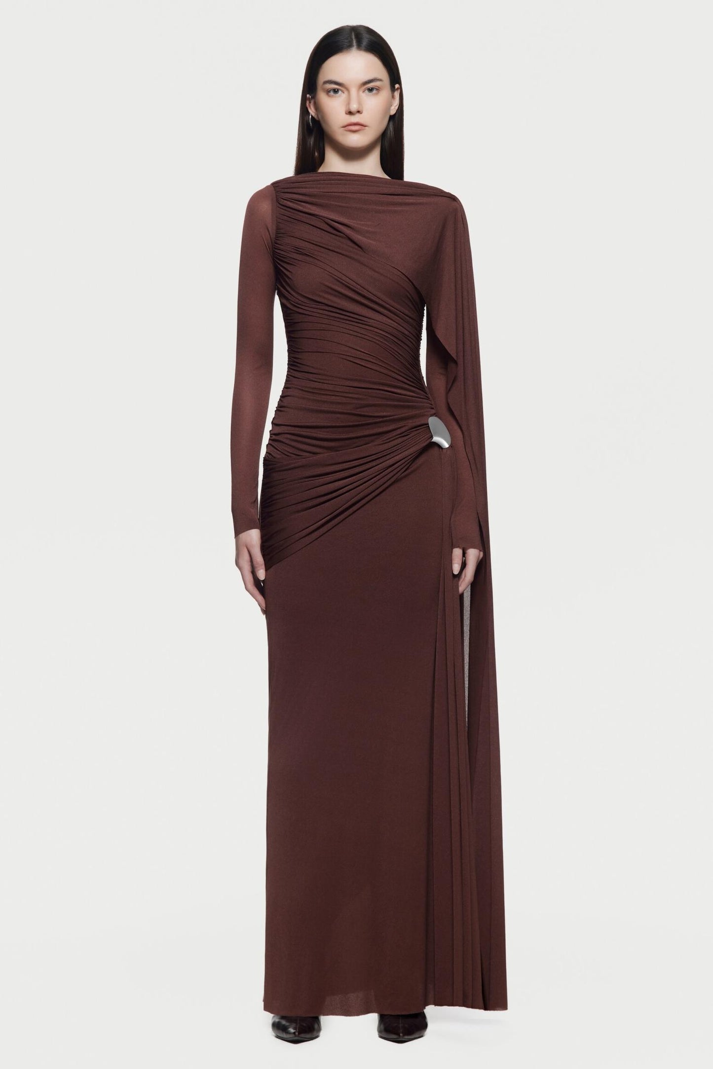 Maryam Gathering Metal Button Cape Sleeve Maxi Dress