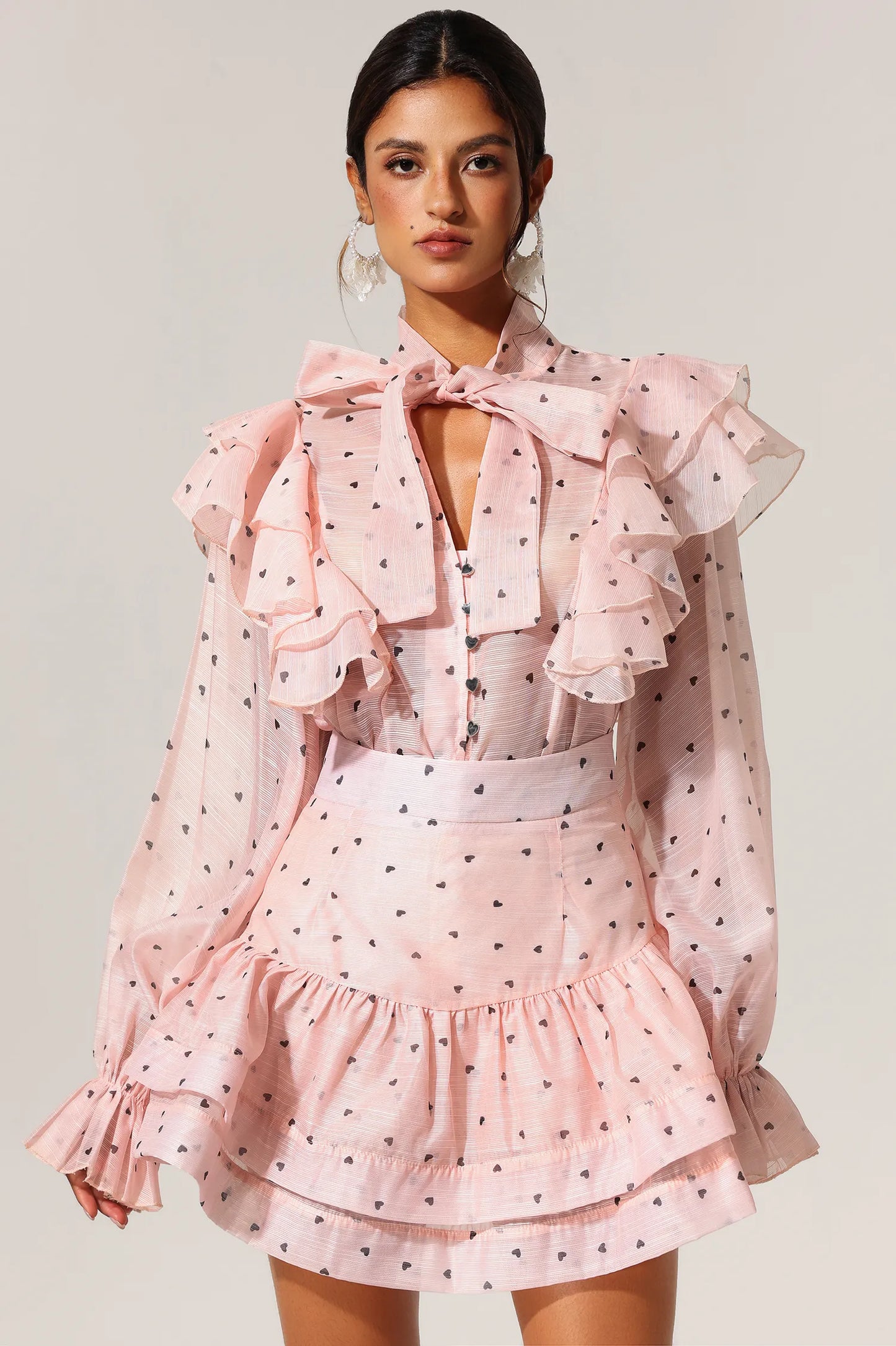 Lolita Rufflede heart Printed Bowknot Top And Skirt Two-Piece Set