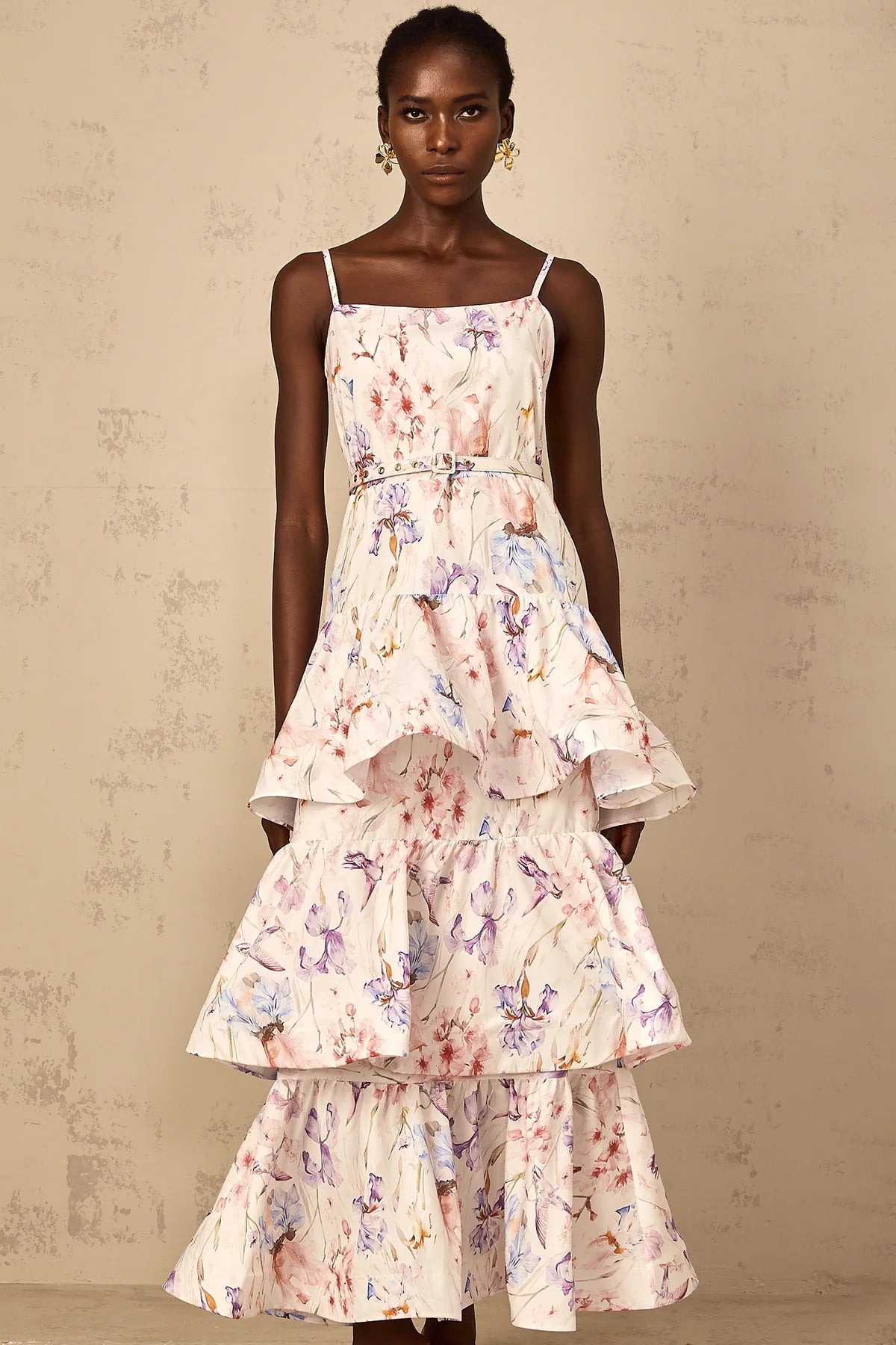 Emily White Floral Print Ruffled Tiered Maxi Dress