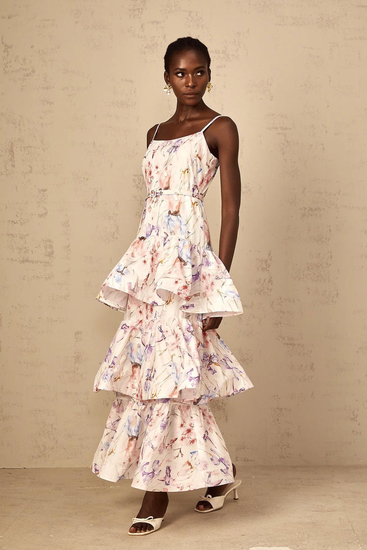 Emily White Floral Print Ruffled Tiered Maxi Dress