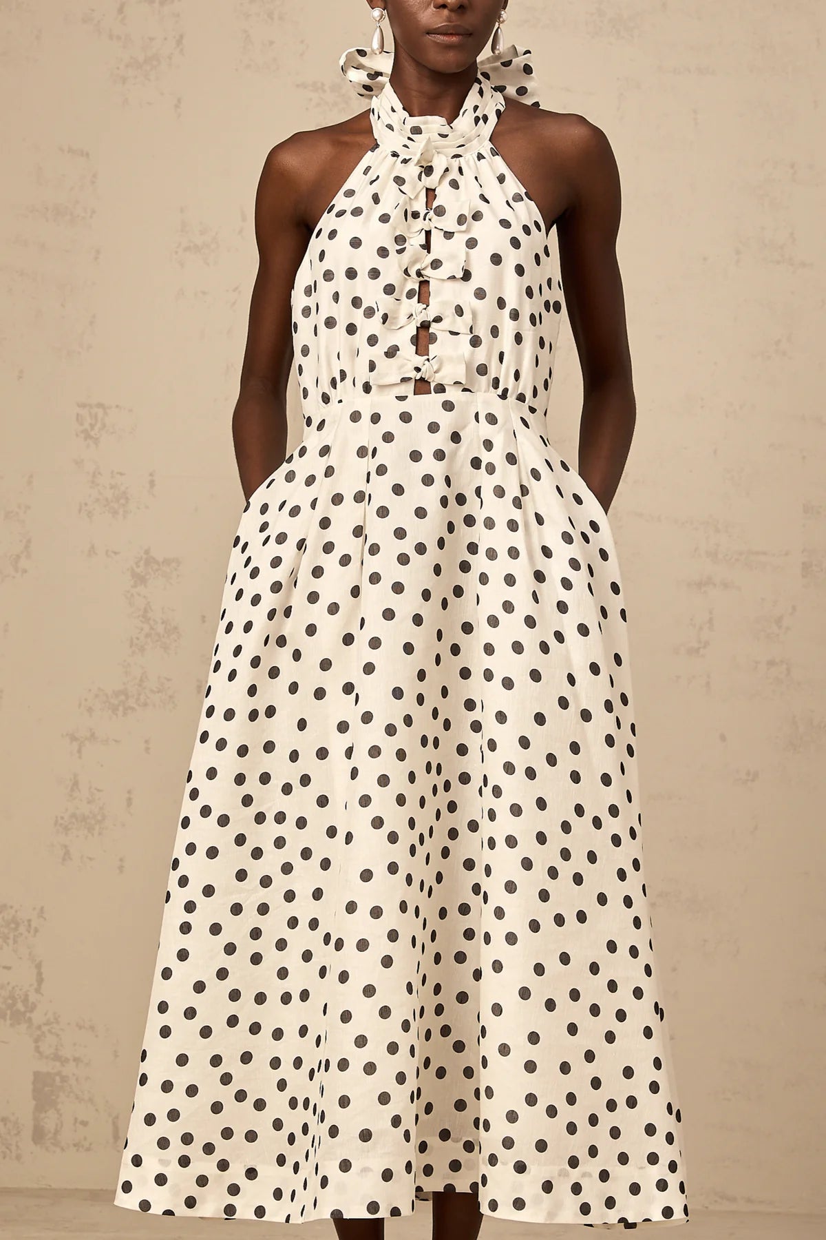 Maya white bowknot polka-dot midi dress