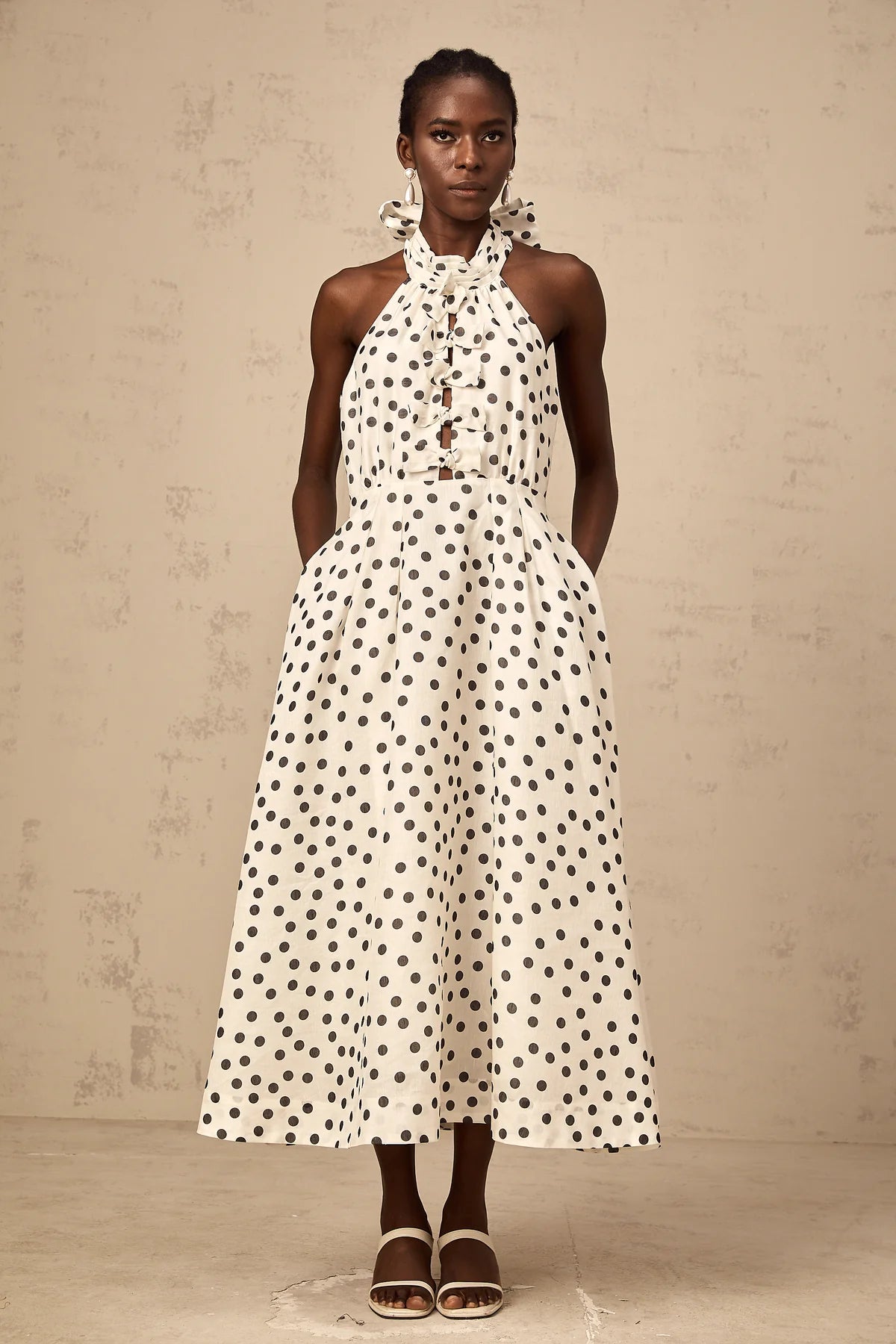 Maya white bowknot polka-dot midi dress