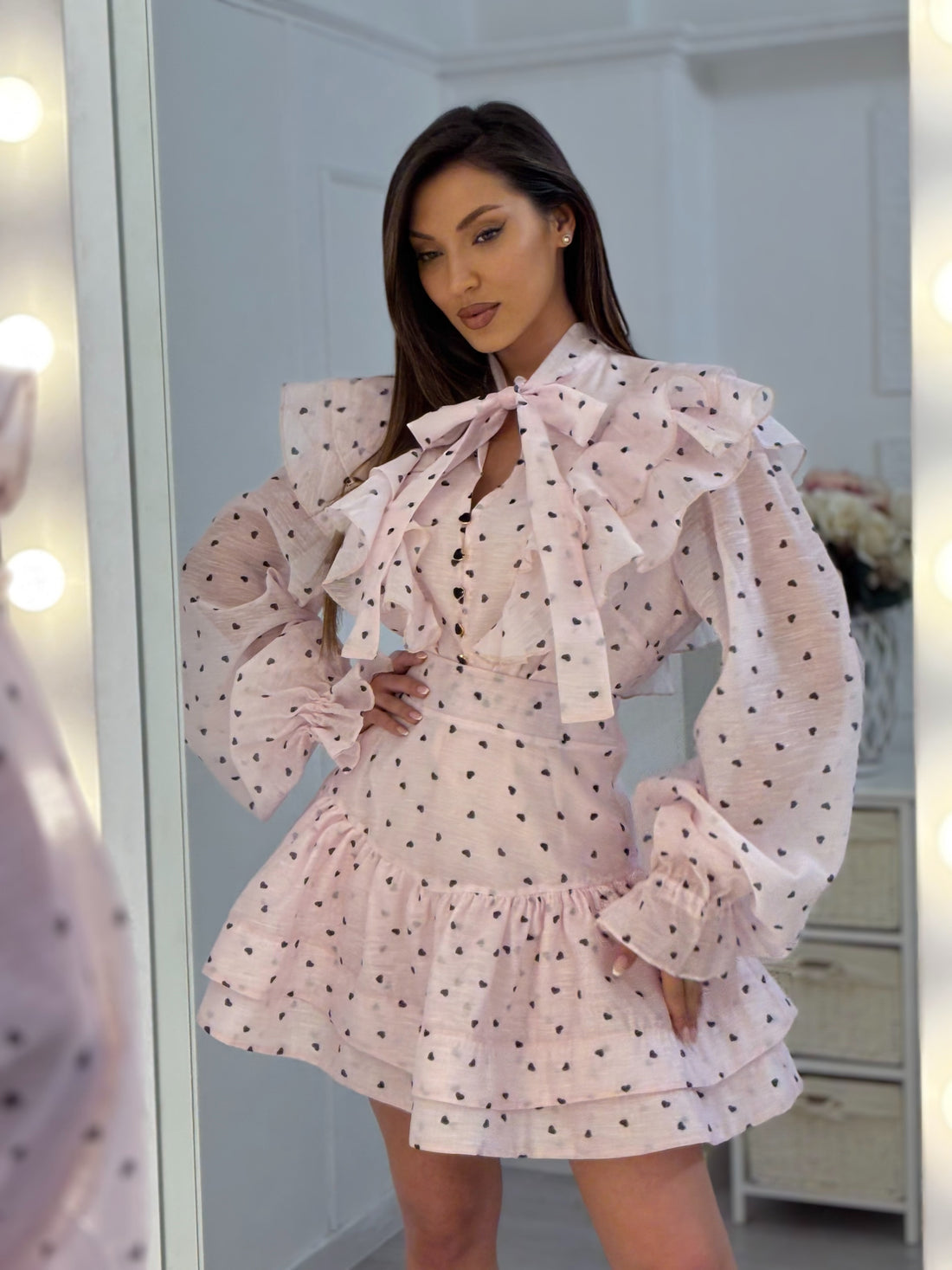 Lolita Rufflede heart Printed Bowknot Top And Skirt Two-Piece Set