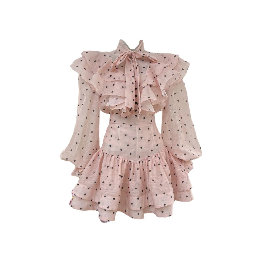 Lolita Rufflede heart Printed Bowknot Top And Skirt Two-Piece Set