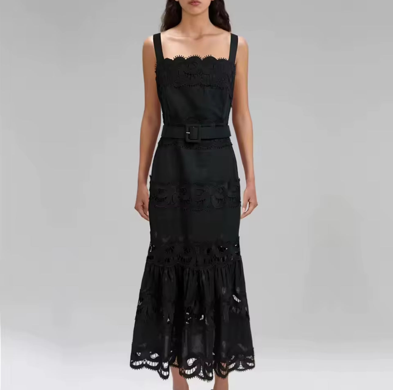 Capri Lace-Insert Belted Midi Dress