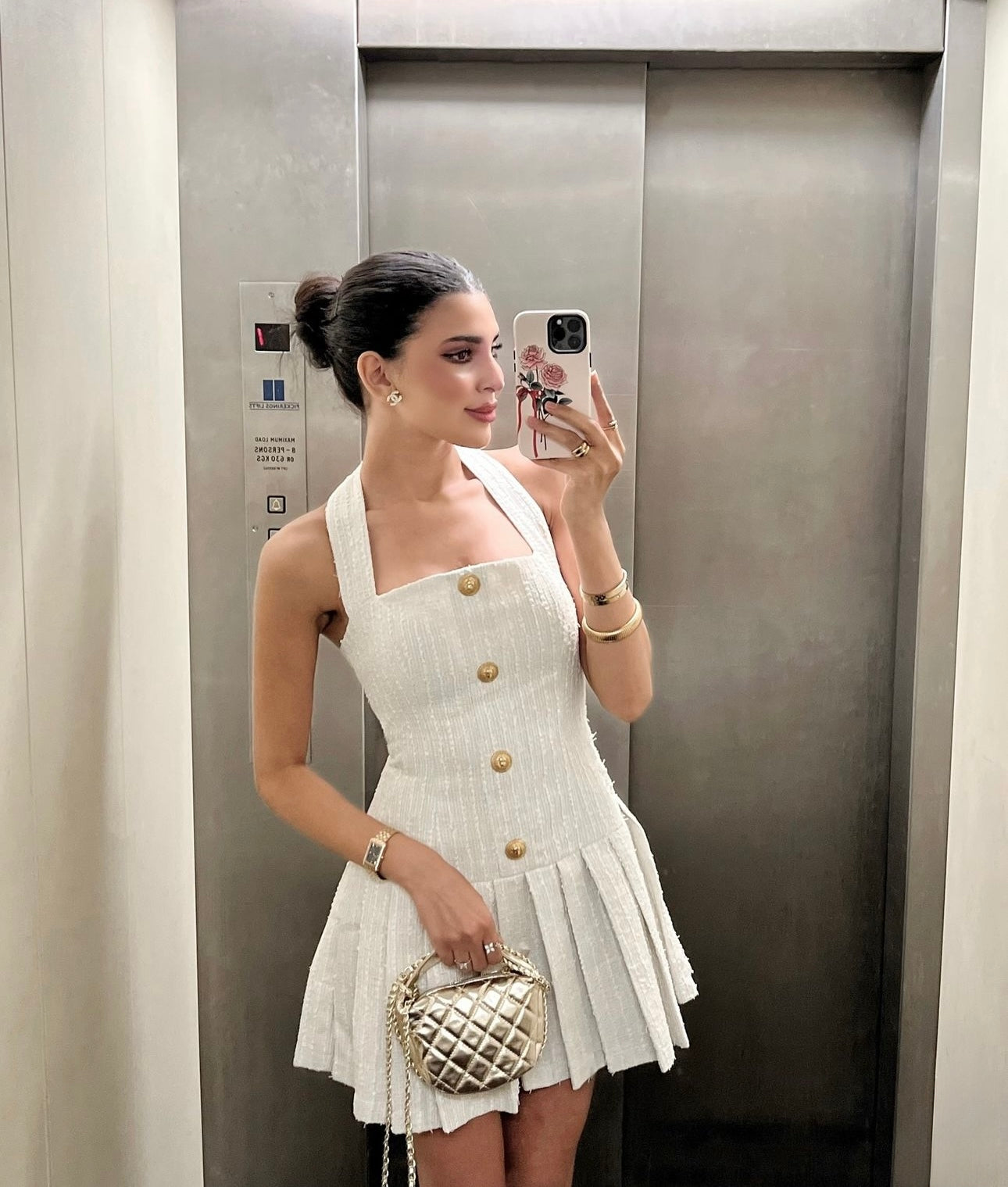 halter tweed dress Halter Tweed Mini Dress With Rosette Detail 49802