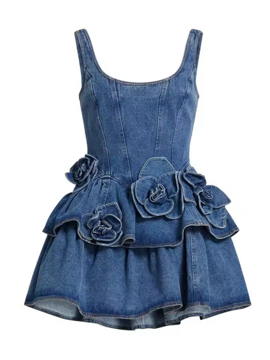 Maria denim 3D floral mini dress
