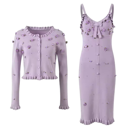 Violet French flower cardigan dress set