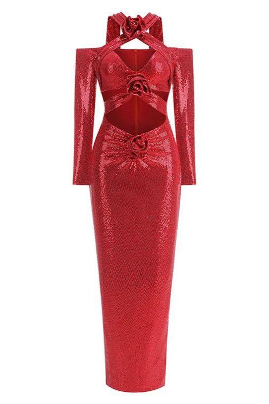 Savanna sequin flower cut maxi dress