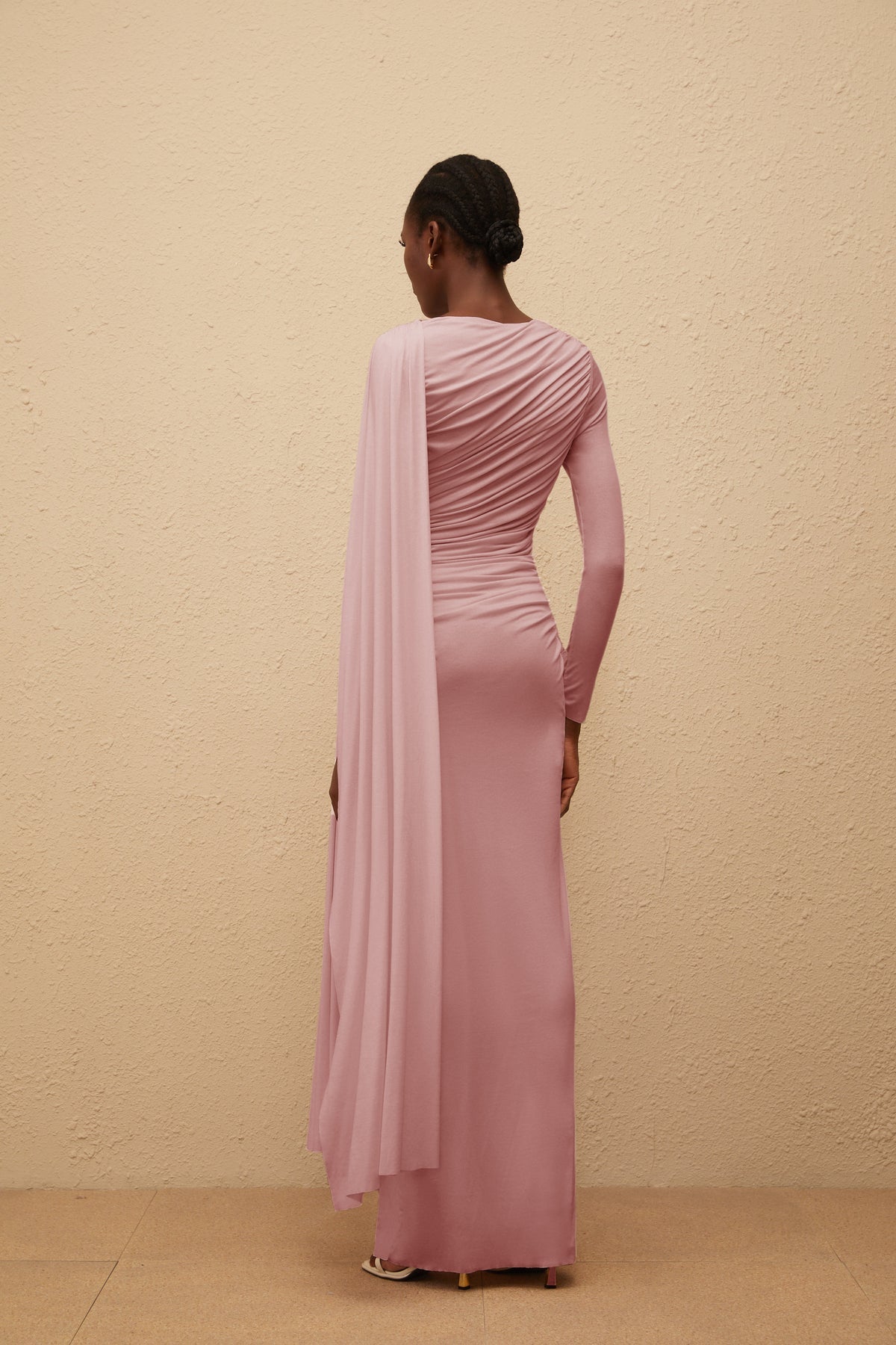 Maryam Gathering Metal Button Cape Sleeve Maxi Dress