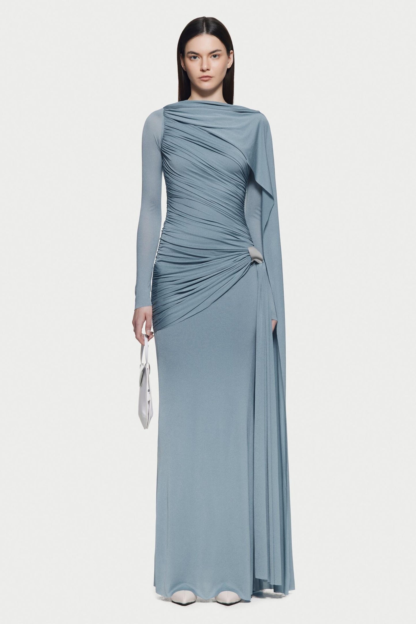 Maryam Gathering Metal Button Cape Sleeve Maxi Dress