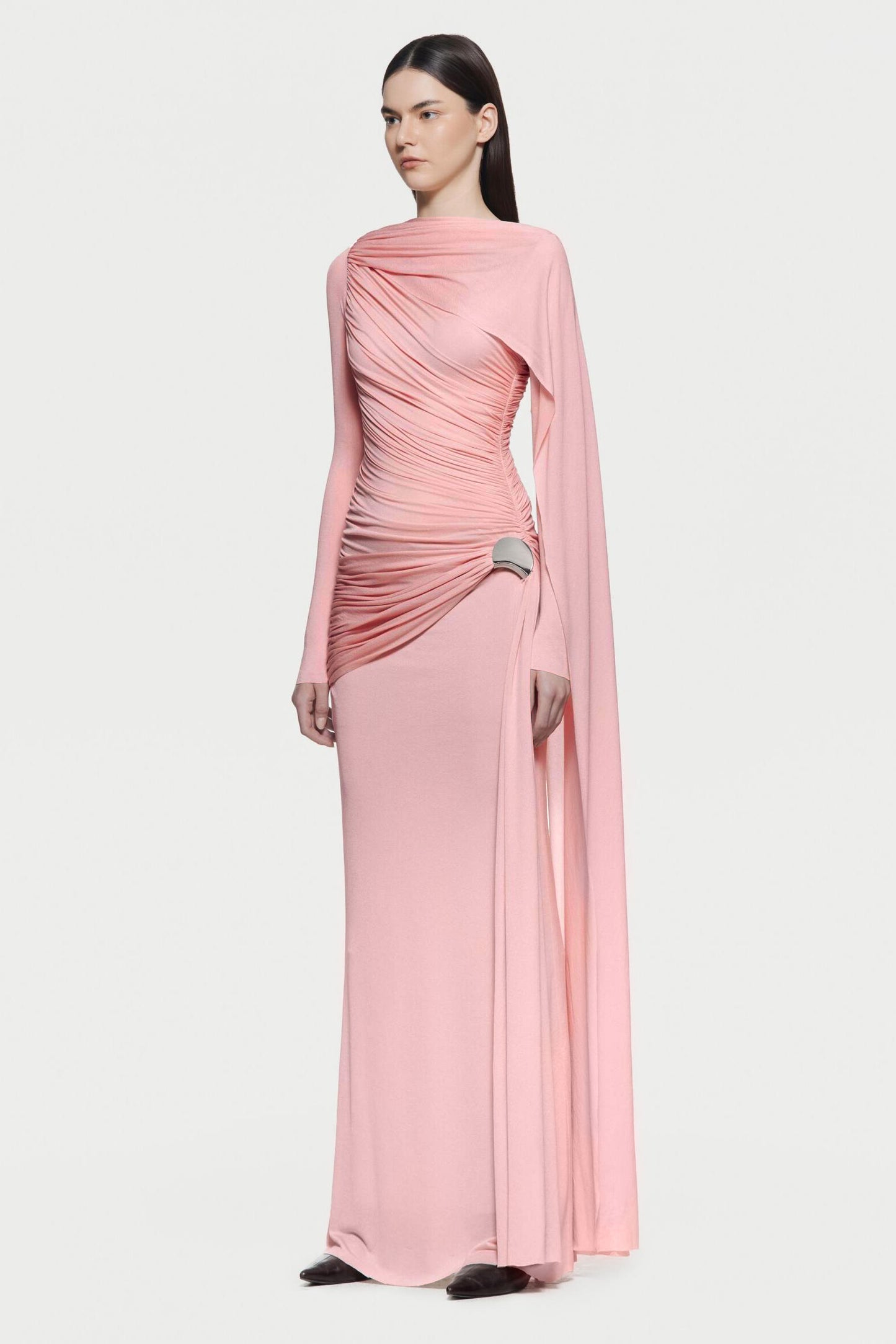 Maryam Gathering Metal Button Cape Sleeve Maxi Dress