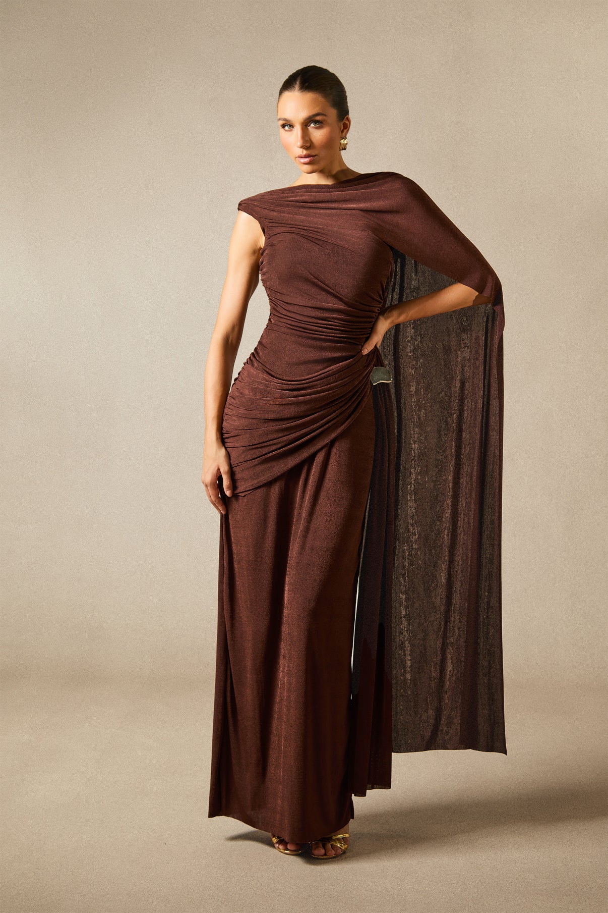 Mahnaz One Shoulder Draped Cape Maxi Dress