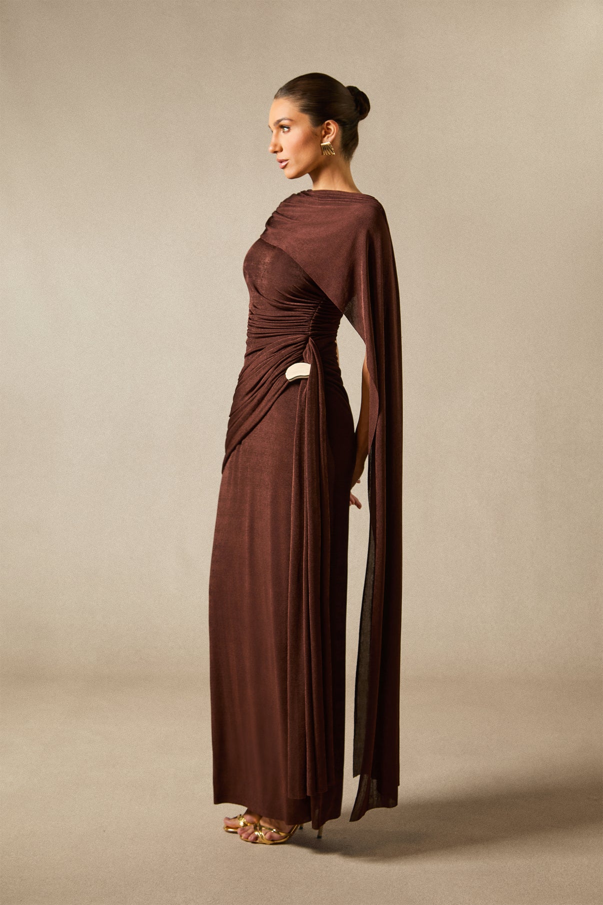 Mahnaz One Shoulder Draped Cape Maxi Dress