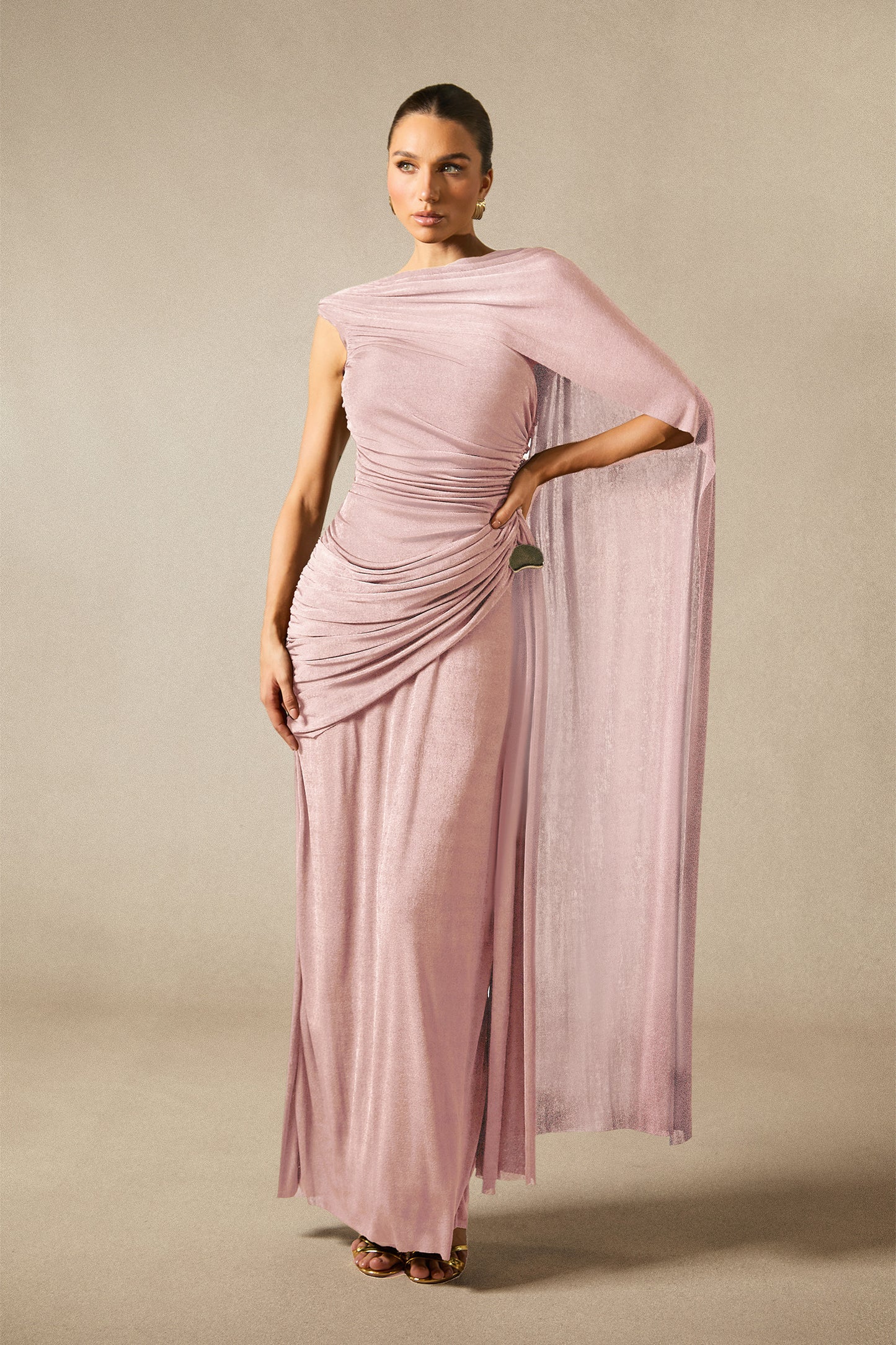 Mahnaz One Shoulder Draped Cape Maxi Dress