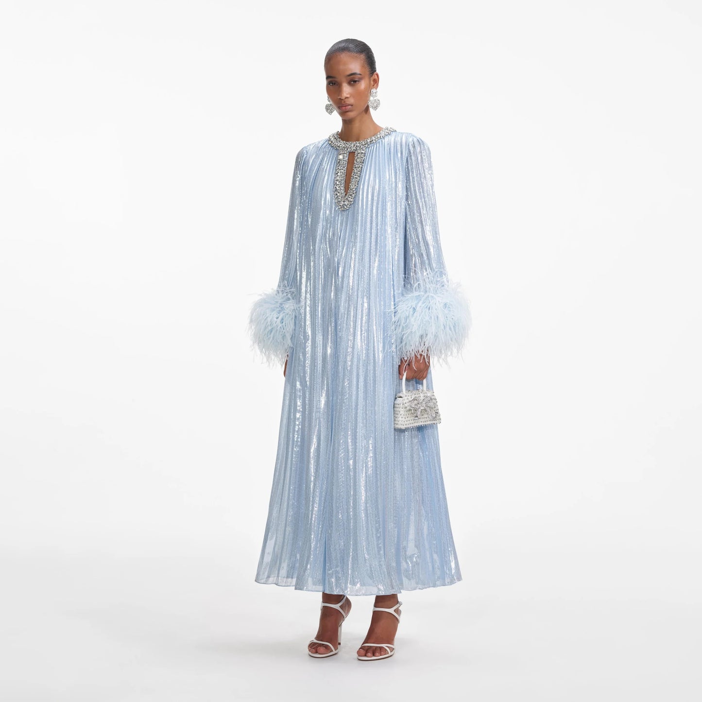 Shumai pleated feather sleeve midi dress