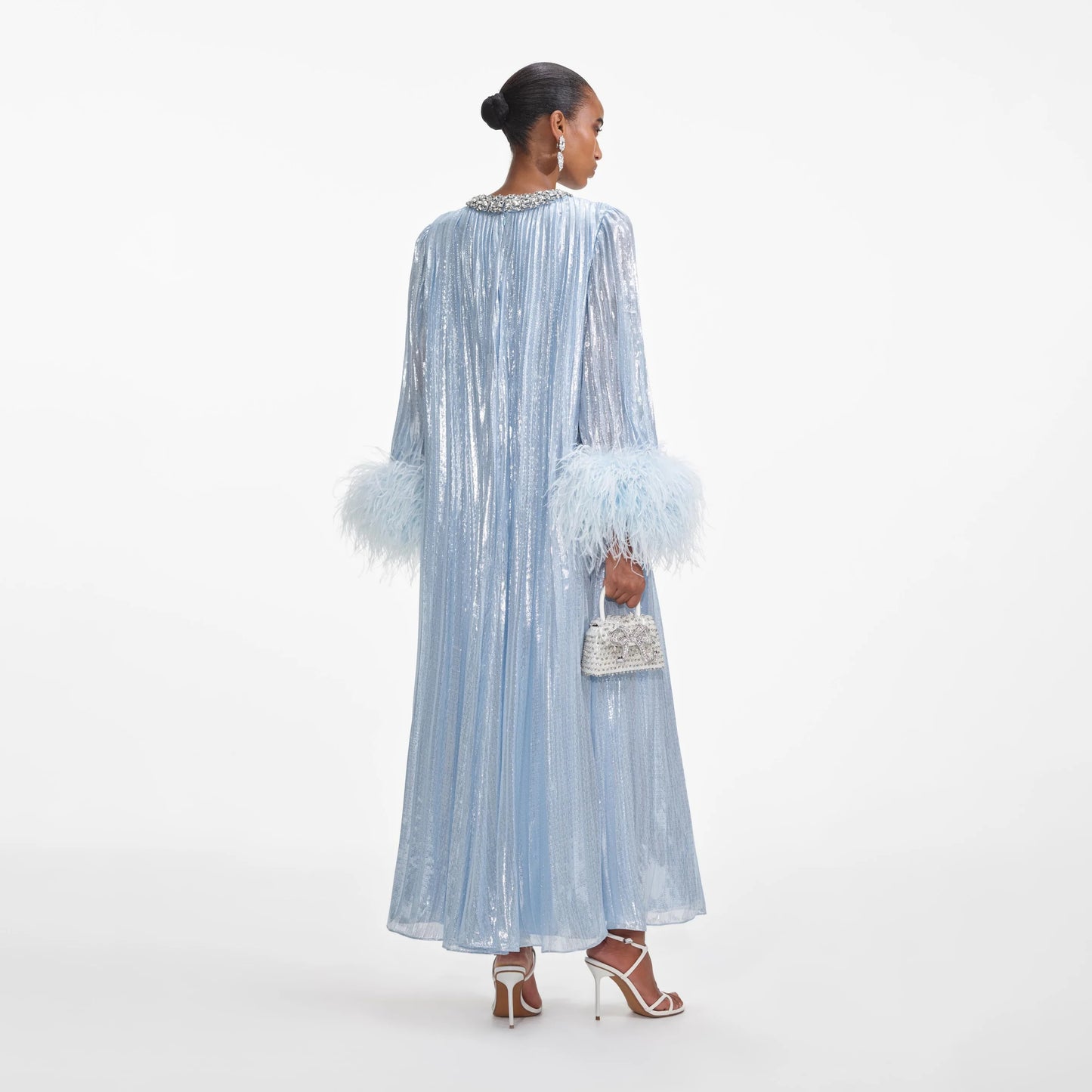 Shumai pleated feather sleeve midi dress