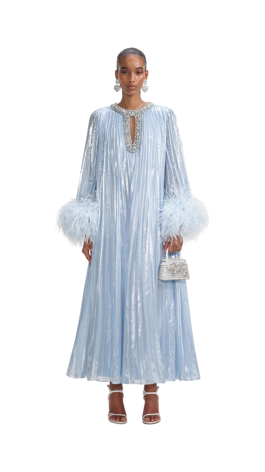 Shumai pleated feather sleeve midi dress