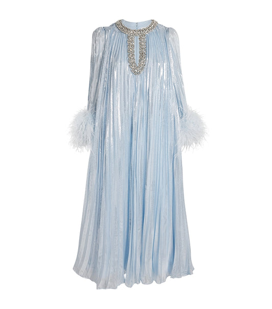 Shumai pleated feather sleeve midi dress