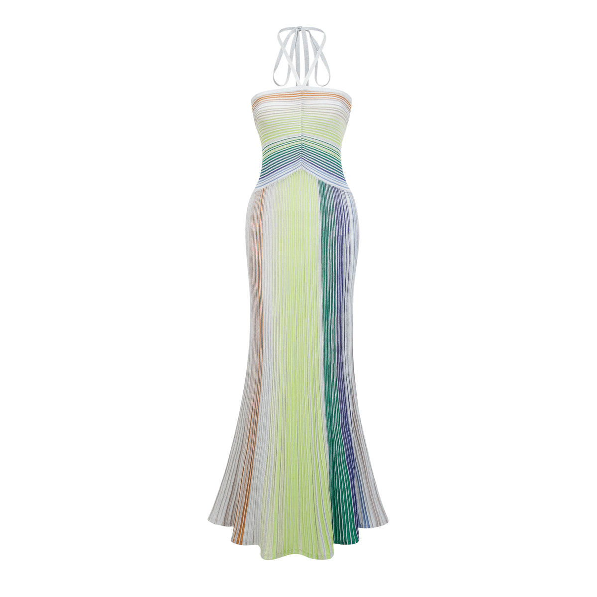 Melissa green striped metallic halter maxi dress