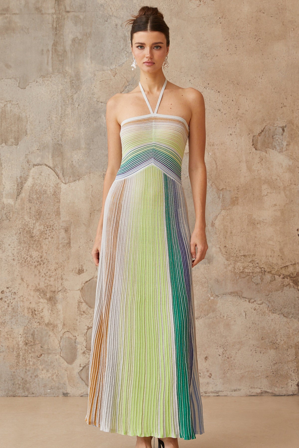 Melissa green striped metallic halter maxi dress