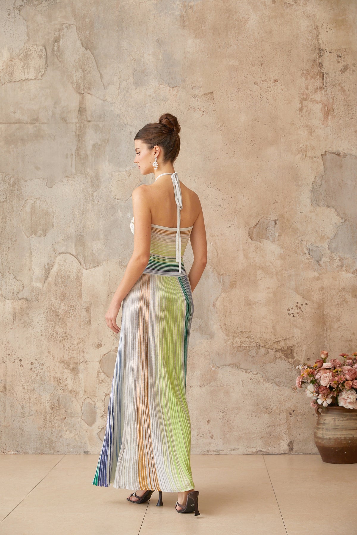 Melissa green striped metallic halter maxi dress
