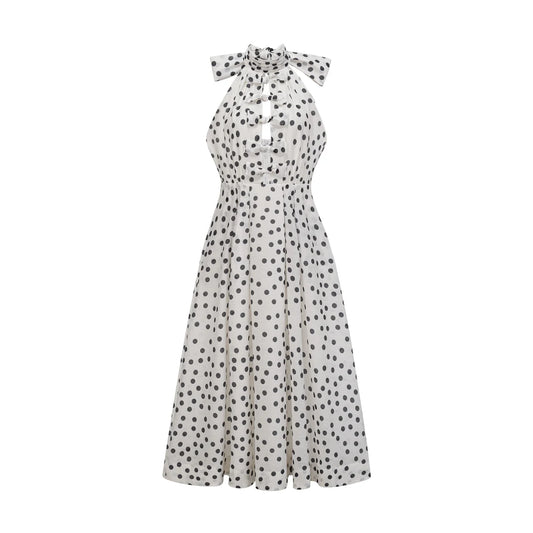 Maya white bowknot polka-dot midi dress